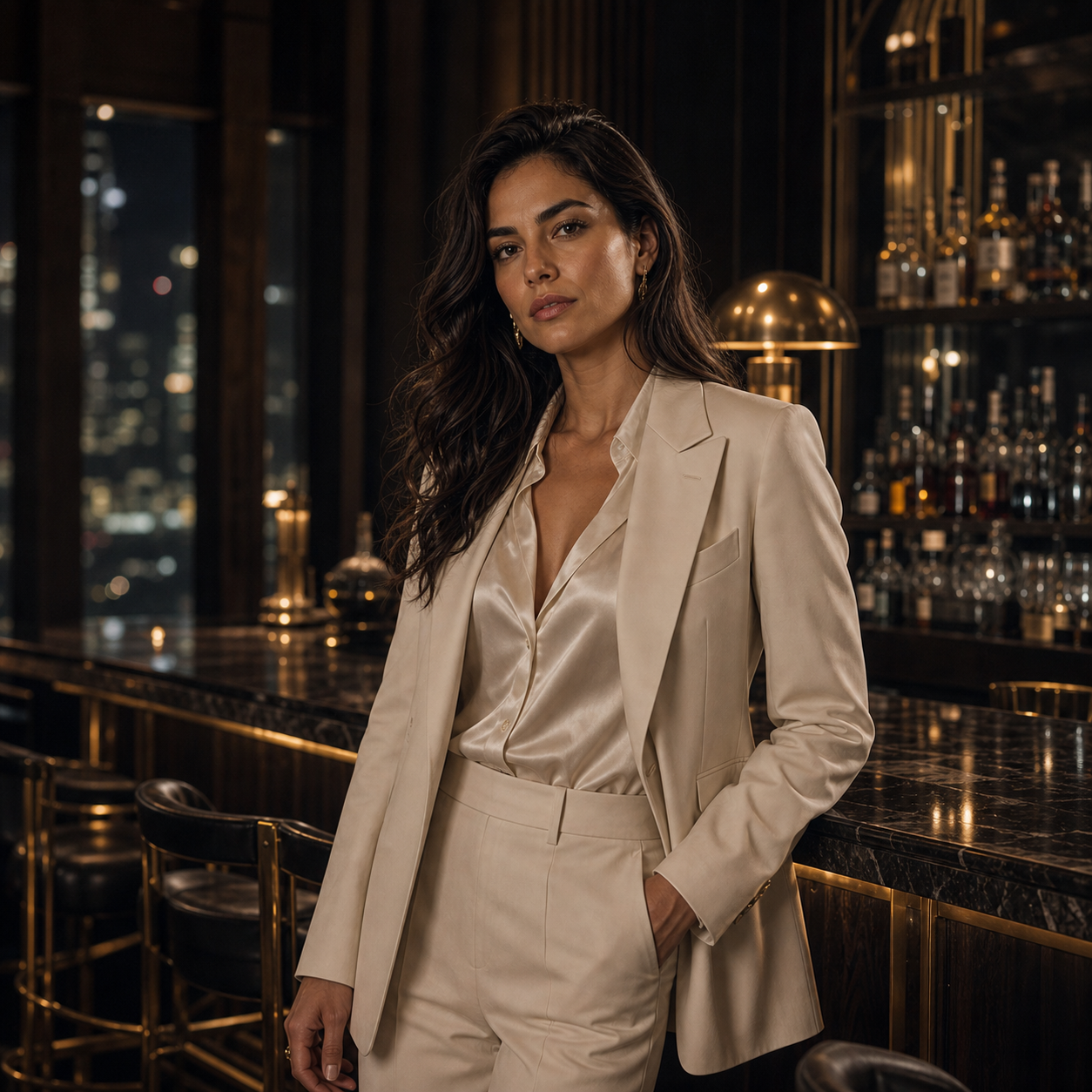 Editorial portrait of a woman in a cream suit at a luxe bar