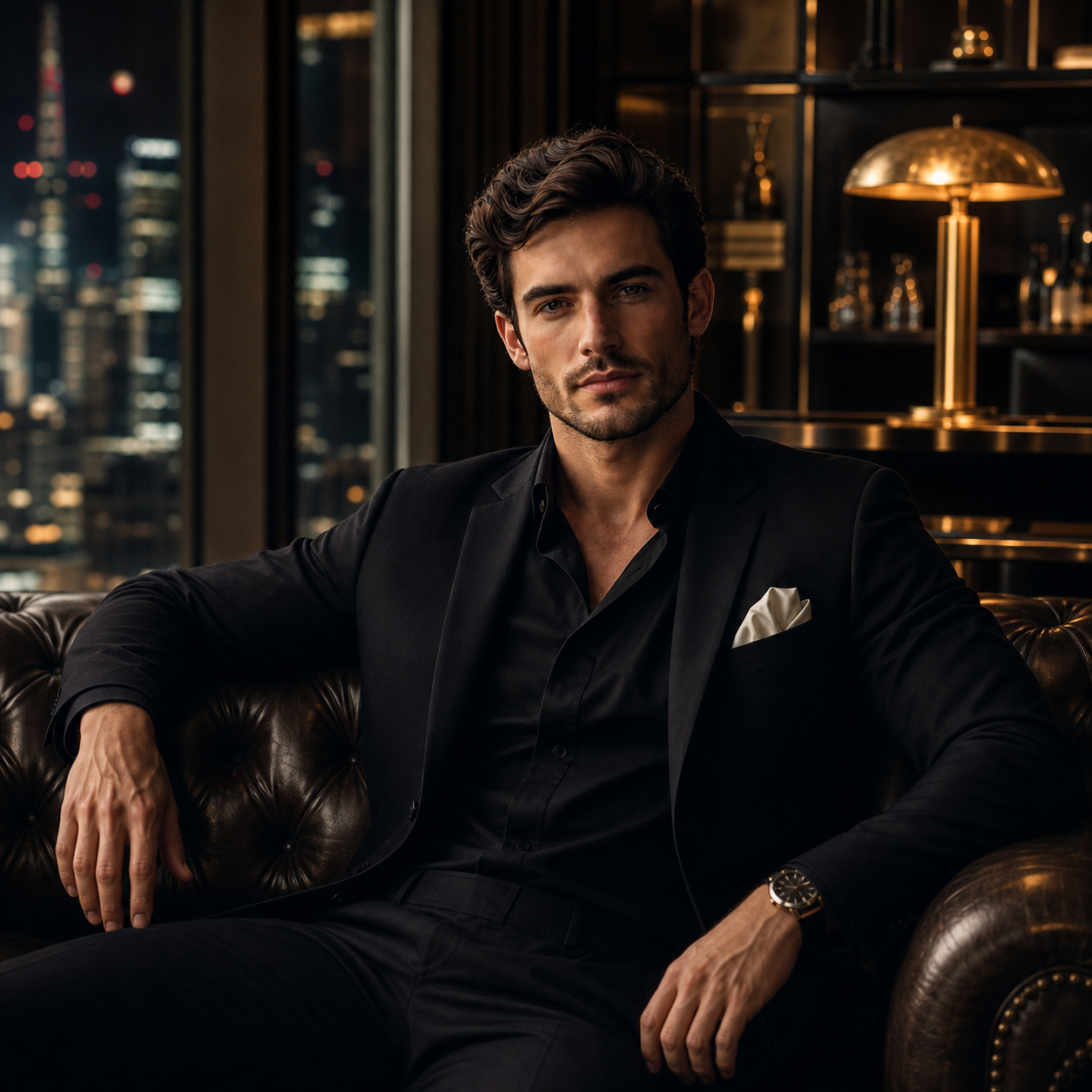 Editorial portrait of a man in a tailored suit on a leather couch