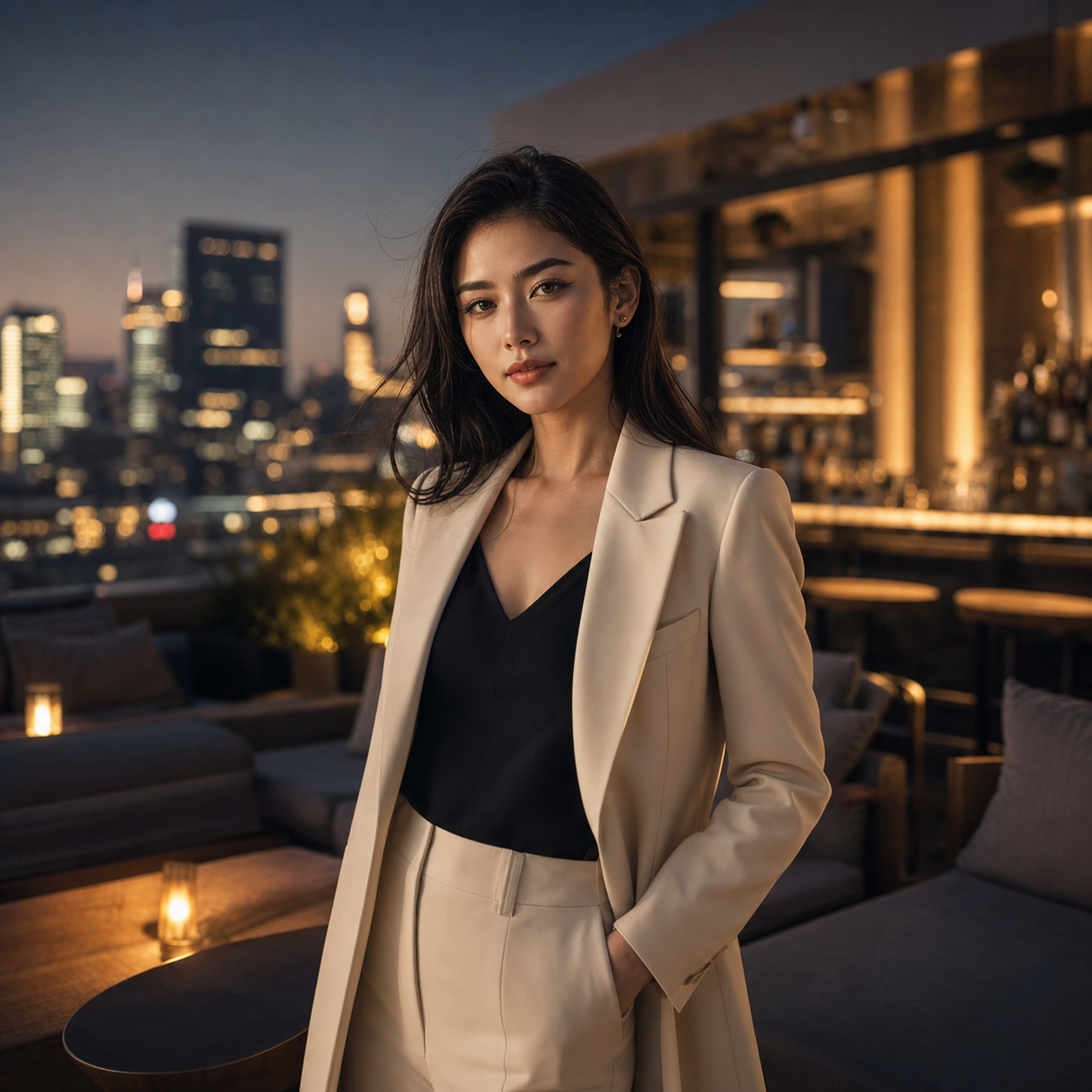 Editorial portrait of an East Asian woman on a rooftop lounge